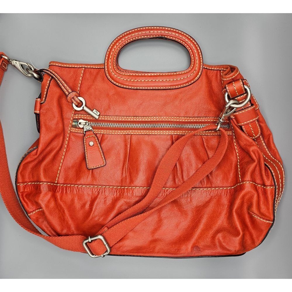 FOSSIL BURNT ORANGE LEATHER SATCHEL/TOTE CONVERTIBLE SHOULDER/HANDBAG UNIQUE